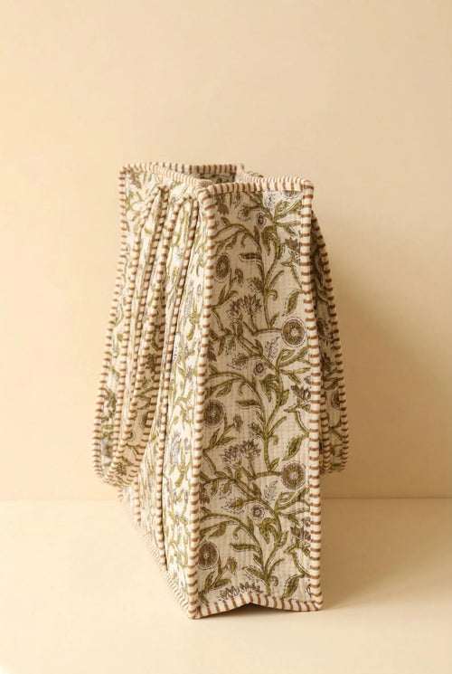Borsa Tote Grande Trapuntata in Cotone – Borsa a Spalla Artigianale con Stampa Floreale
