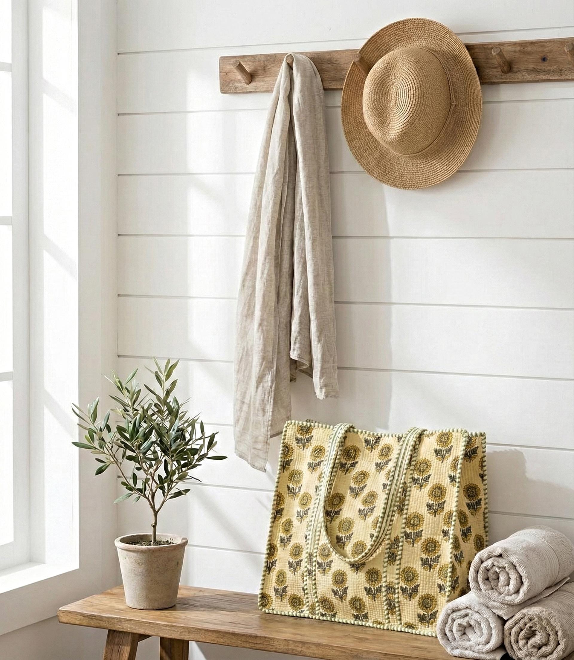 Borsa Tote Trapuntata in Cotone con Girasoli – Borsa a Spalla Artigianale Stampata a Blocchi