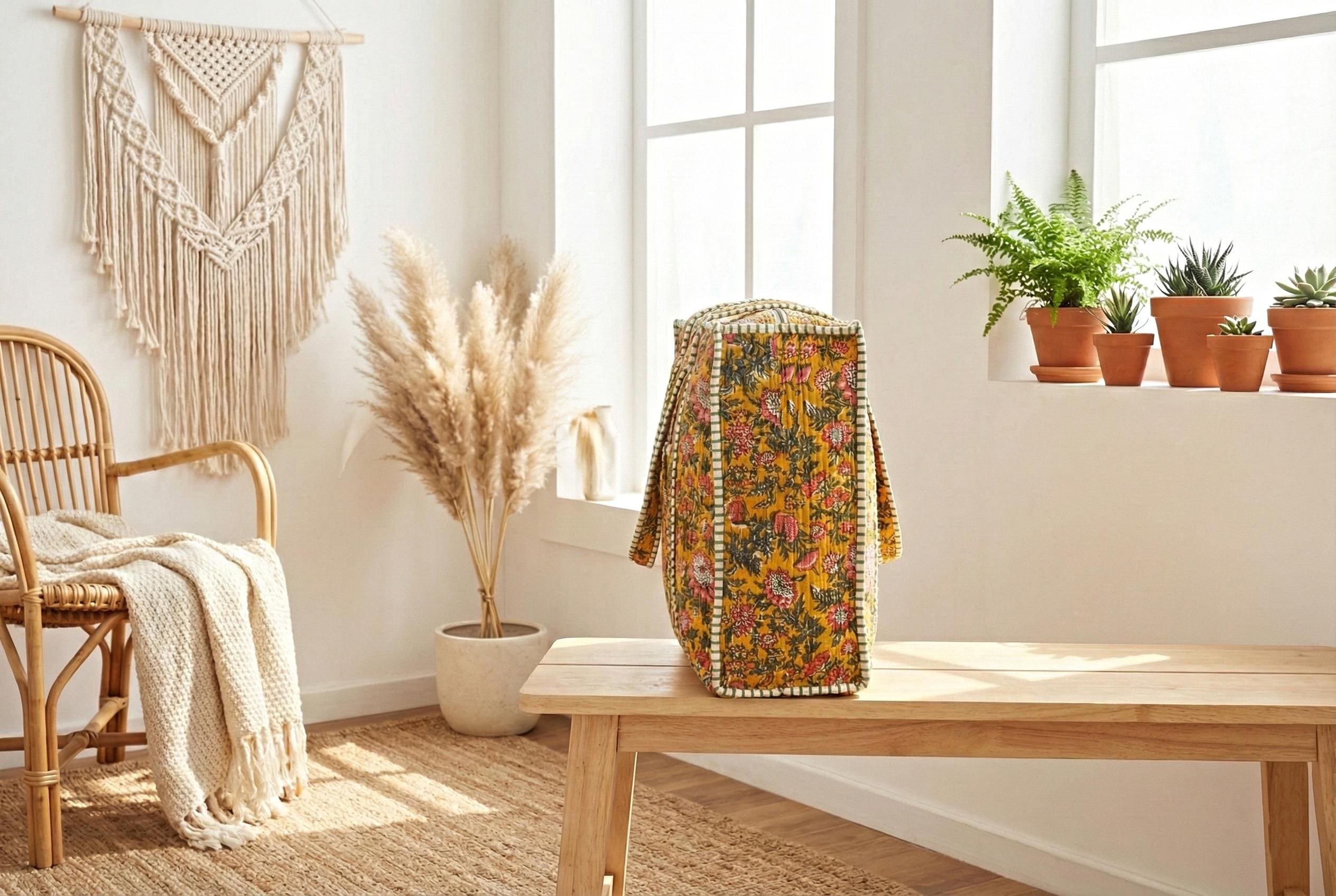 Borsa Tote Trapuntata in Cotone Floreale Senape – Borsa a Spalla Artigianale Stampata a Blocchi